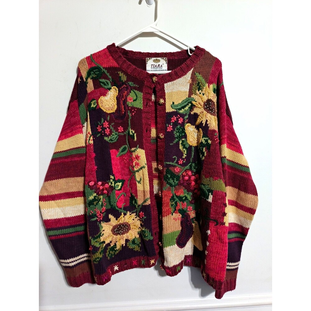 Tiara International Cotton Knit Embroidered Floral Button Cardigan Sweater L